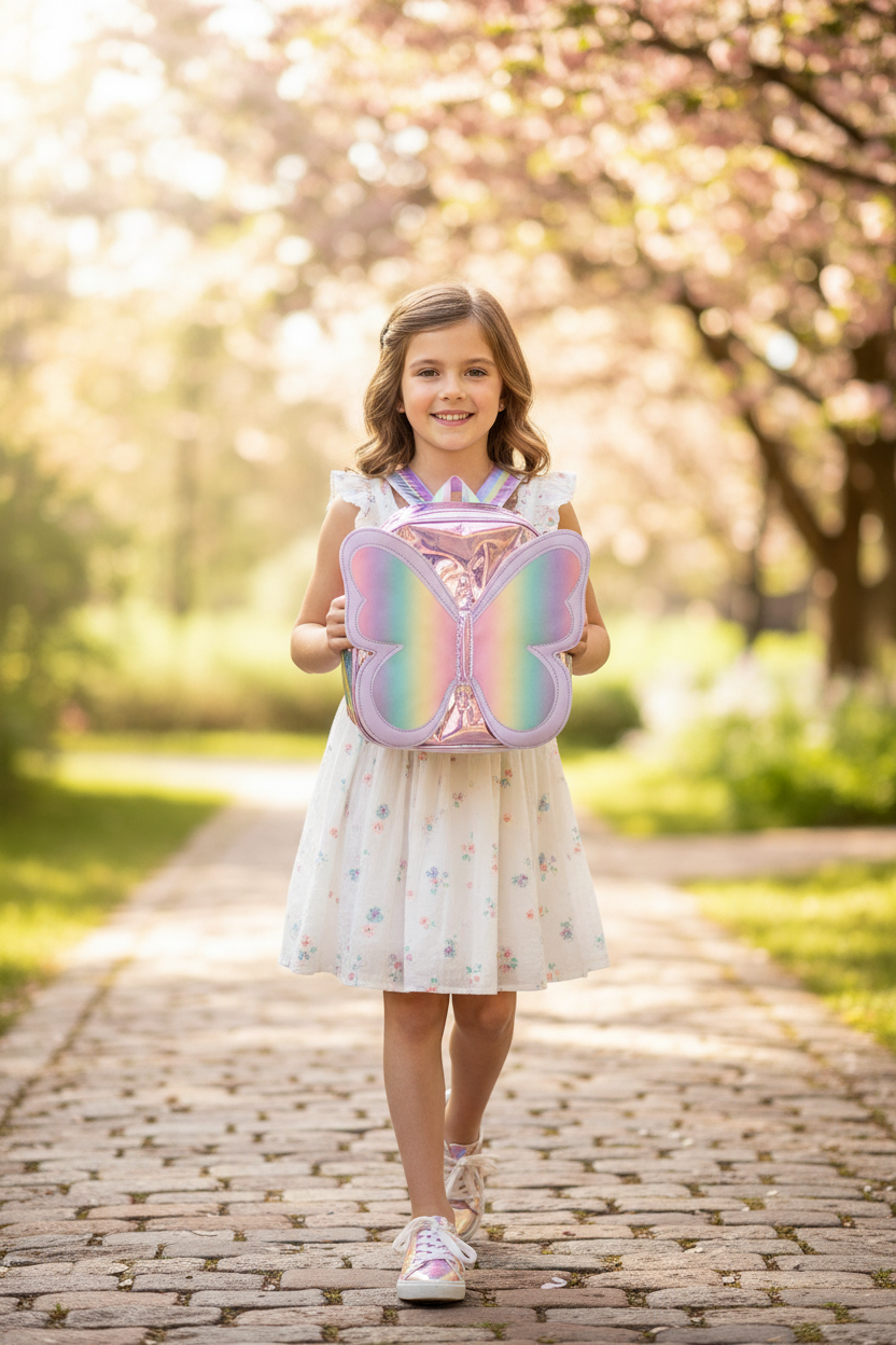Child model wearing Holographic Butterfly Backpack