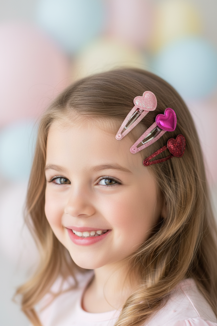 Child model with exactly 3 glitter heart hair clips