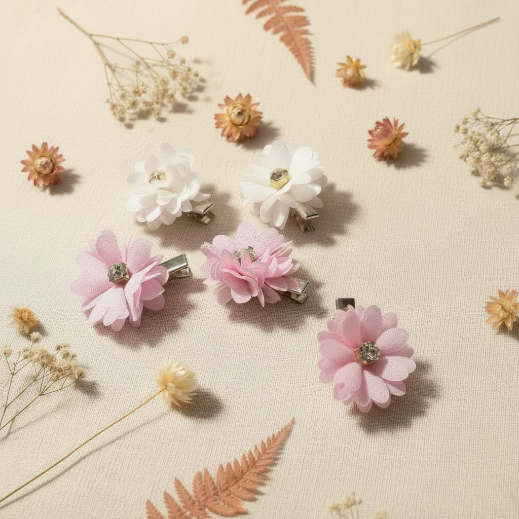 Close-up fabric flower hair clips - cream linen background
