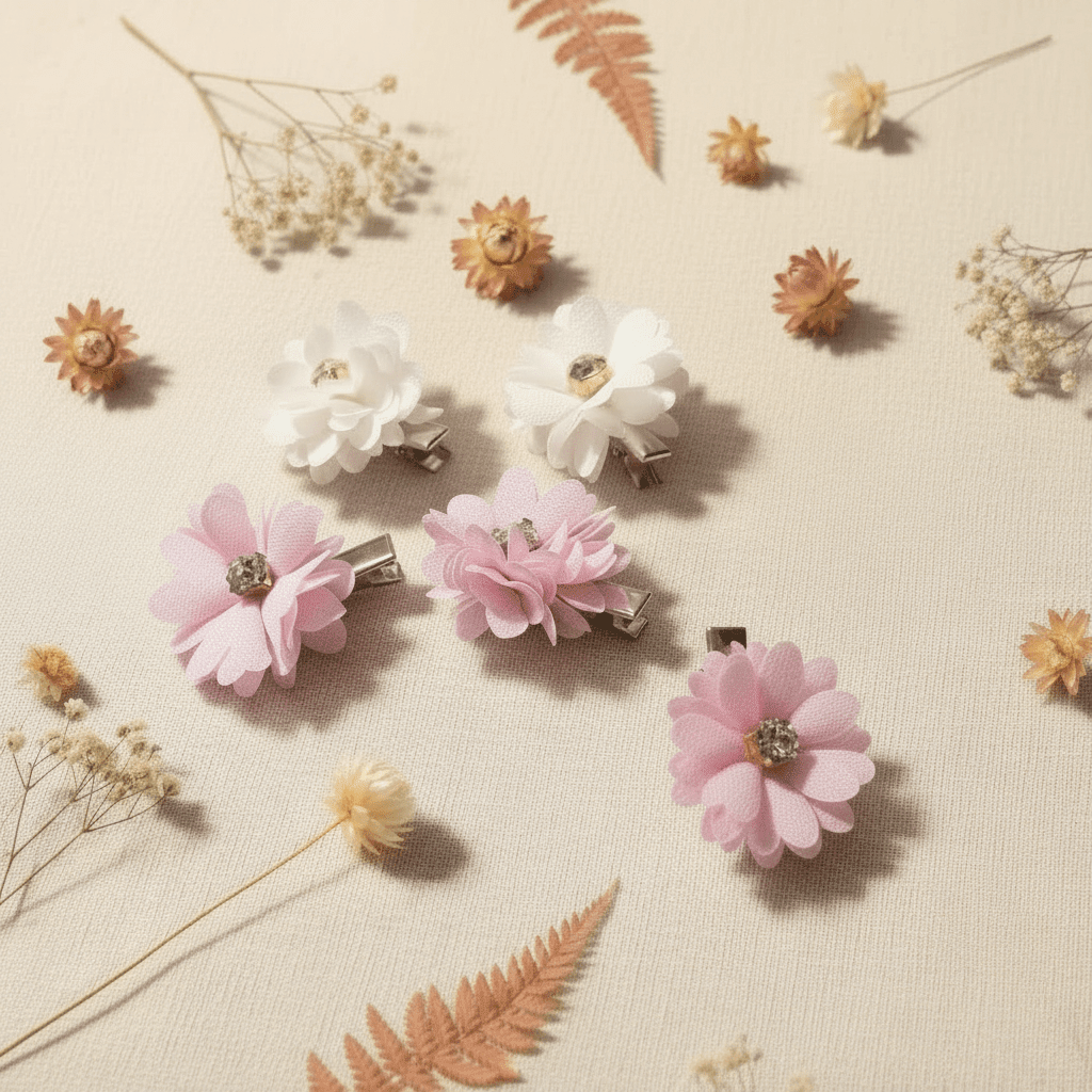 Fabric Flower Hair Clips – Set of 5 | Pink & White Floral Clips for Girls - Juanita Boutique