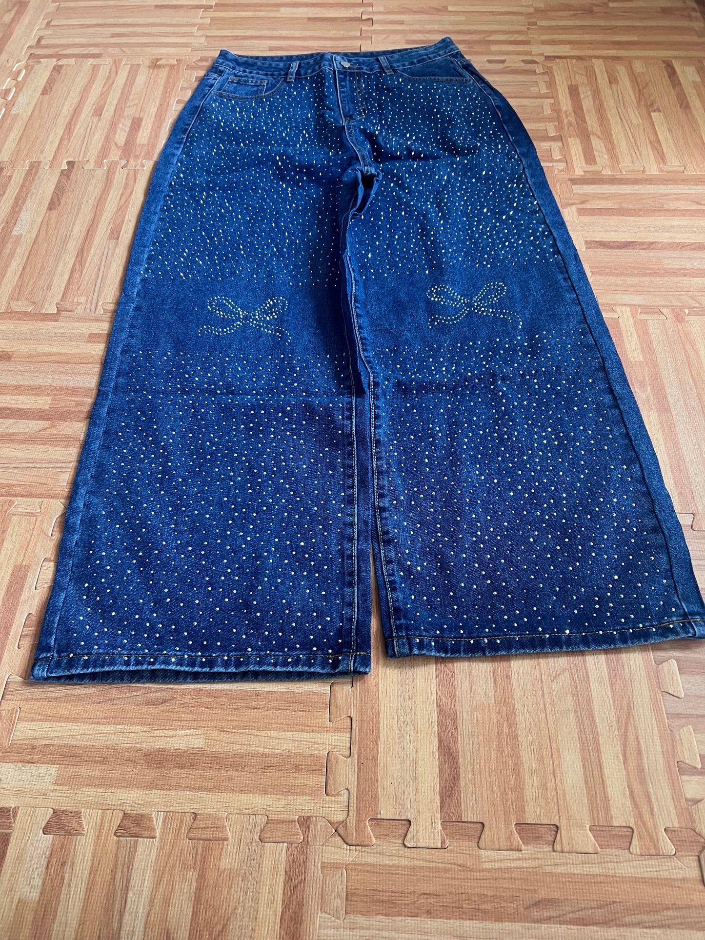 Women's Rhinestone Bow Wide-Leg Jeans