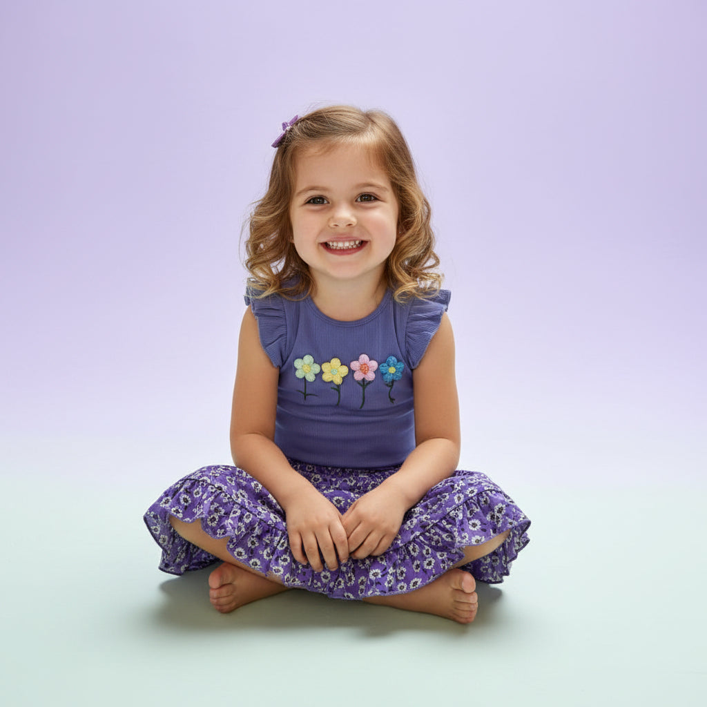Children's outfit with a purple top and floral skirt on a light purple background on model