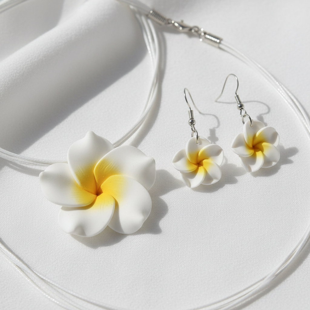 Floral necklace and earrings on a white surface