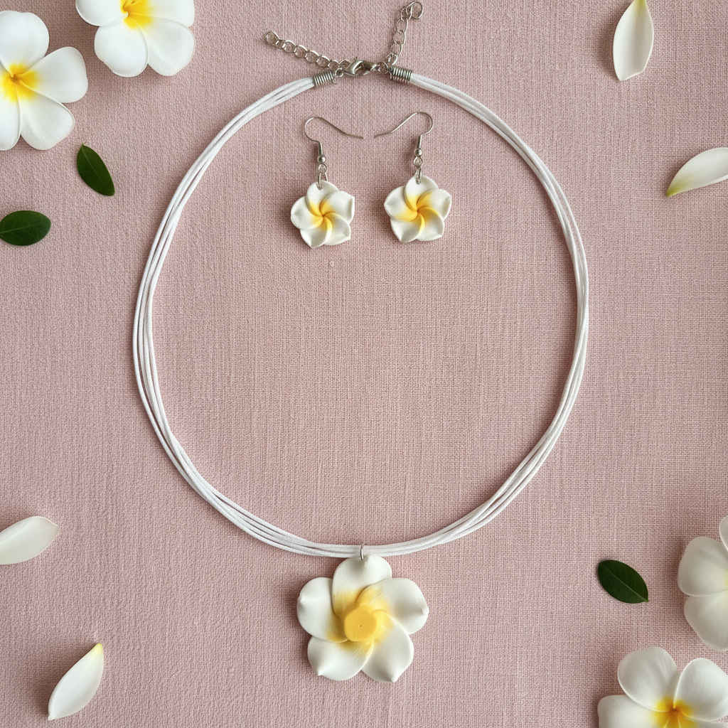Jewelry set with floral earrings and necklace on a pink background