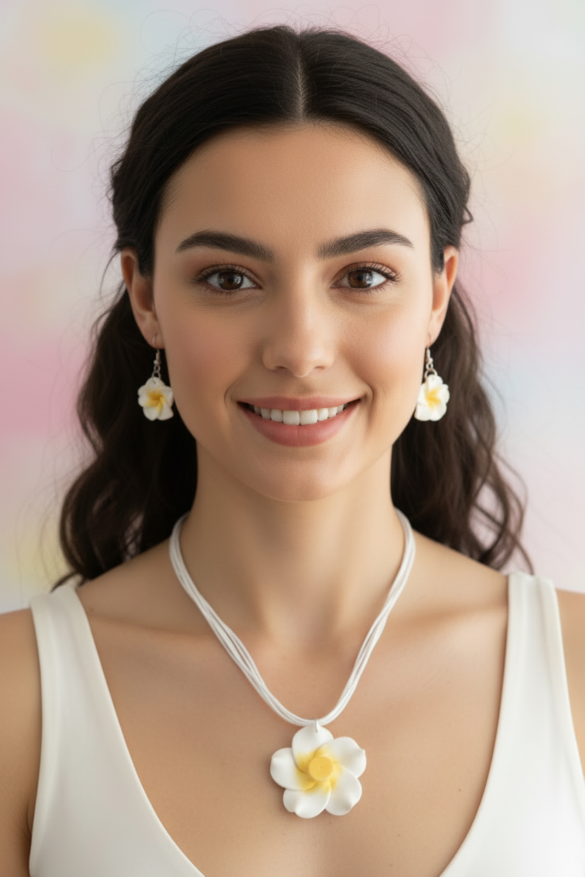 Frangipani Jewellery Set on Model - Both Earrings Visible white