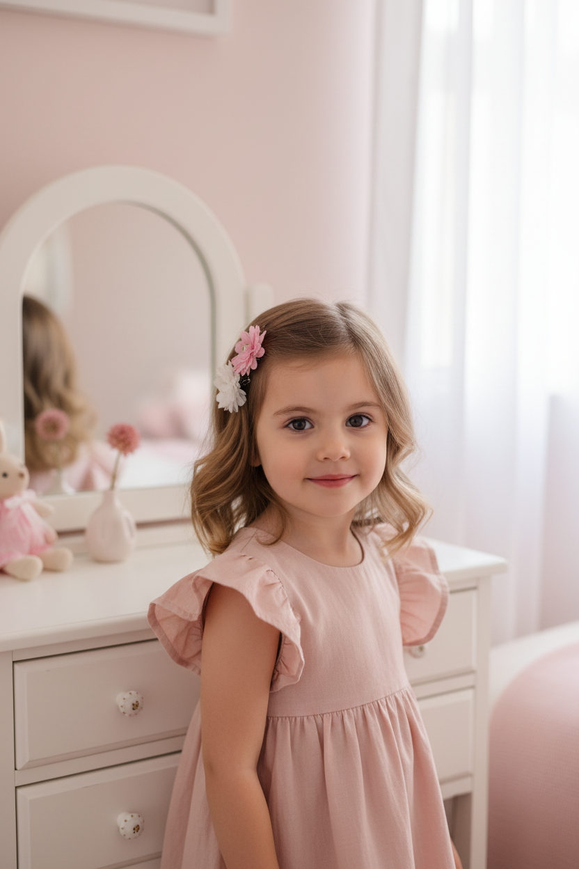Front view - child in front of dresser with fabric flower hair clips
