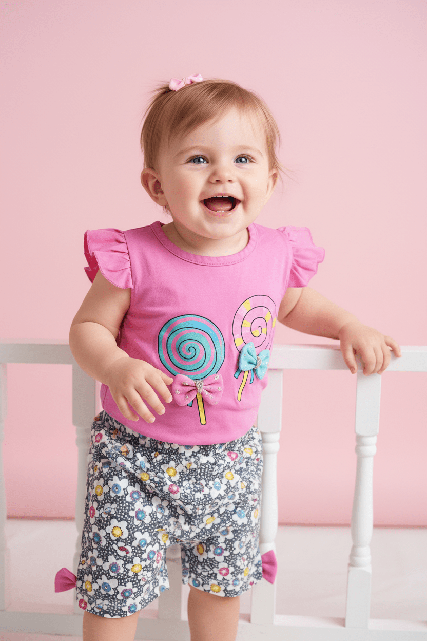 Girls Lollipop Tee & Floral Bow Shorts Set - Juanita Boutique