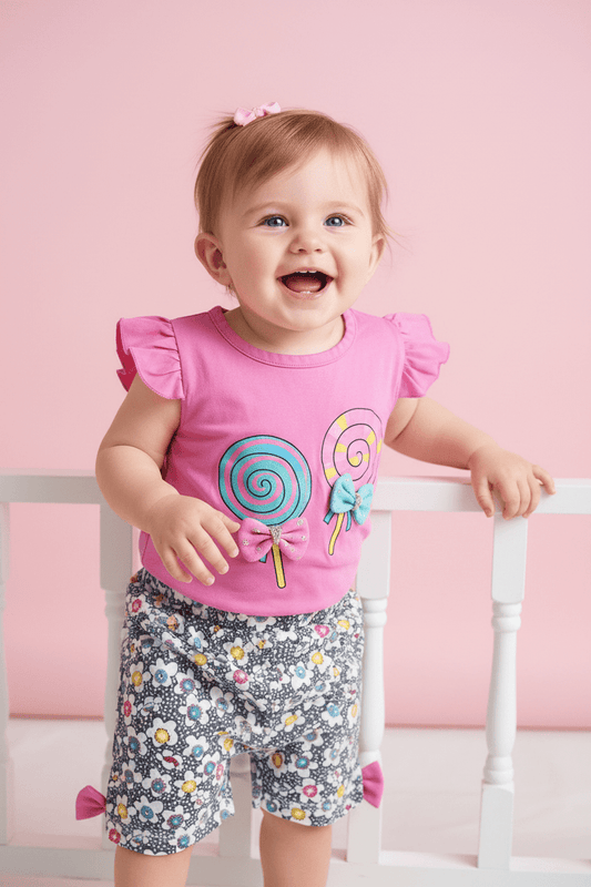 Girls Lollipop Tee & Floral Bow Shorts Set - Juanita Boutique