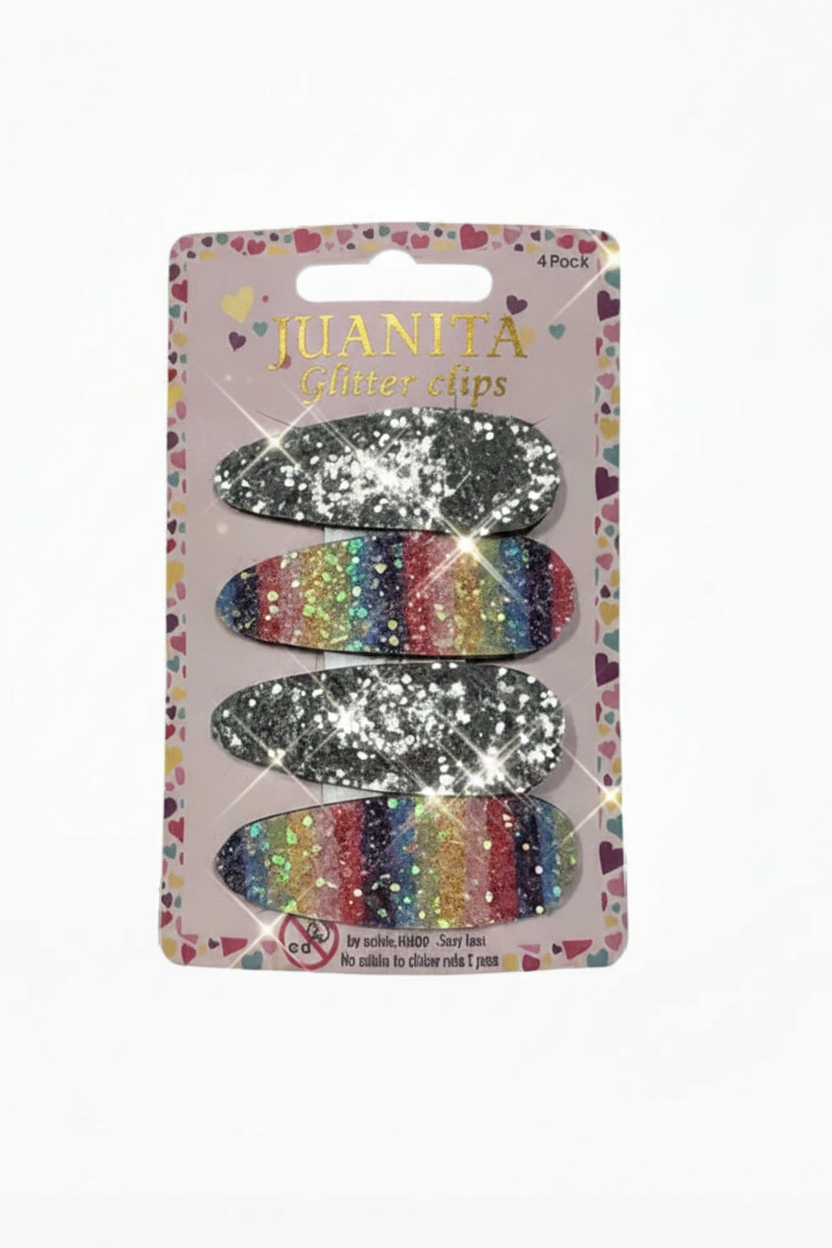 4 Juanita Glitter Clips Set of 4 in packaging – rainbow glitter snap clips for girls

