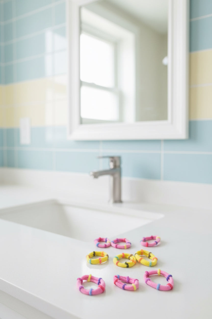 Set of colorful hair ties on a pink background