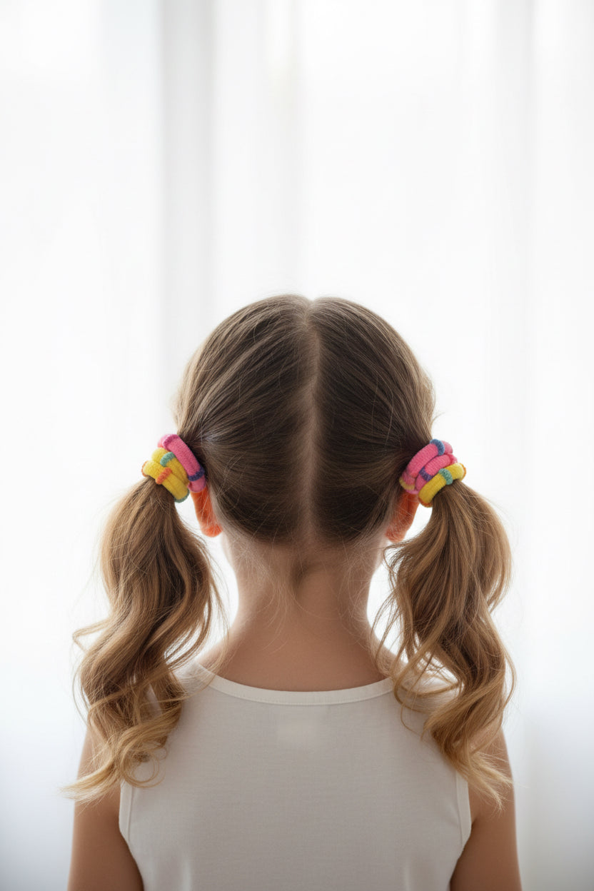 Child with pigtails wearing colorful hair ties against a white curtain background