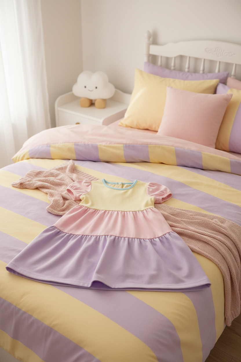 Kids rainbow casual dress flat lay styled on bed with pastel bedding