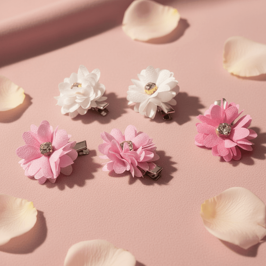 Fabric Flower Hair Clips – Set of 5 | Pink & White Floral Clips for Girls - Juanita Boutique