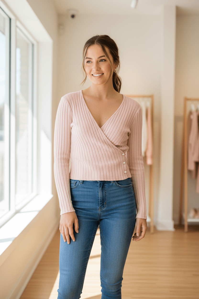 Pink Ribbed Knit Button Long Sleeve Top - Juanita Boutique