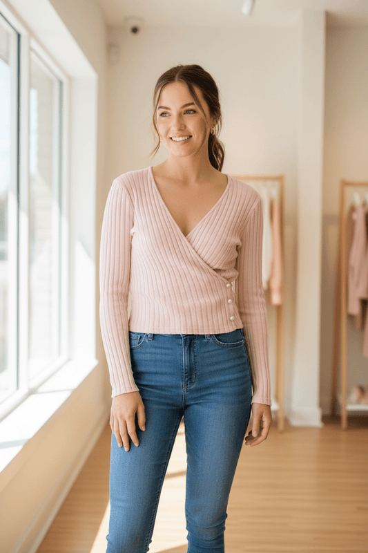 Pink Ribbed Knit Button Long Sleeve Top - Juanita Boutique