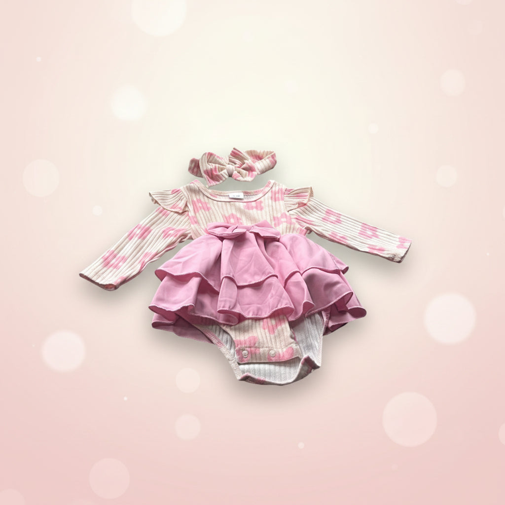 ink Floral Ruffle Romper Set with Headband by Juanita Boutique – front view