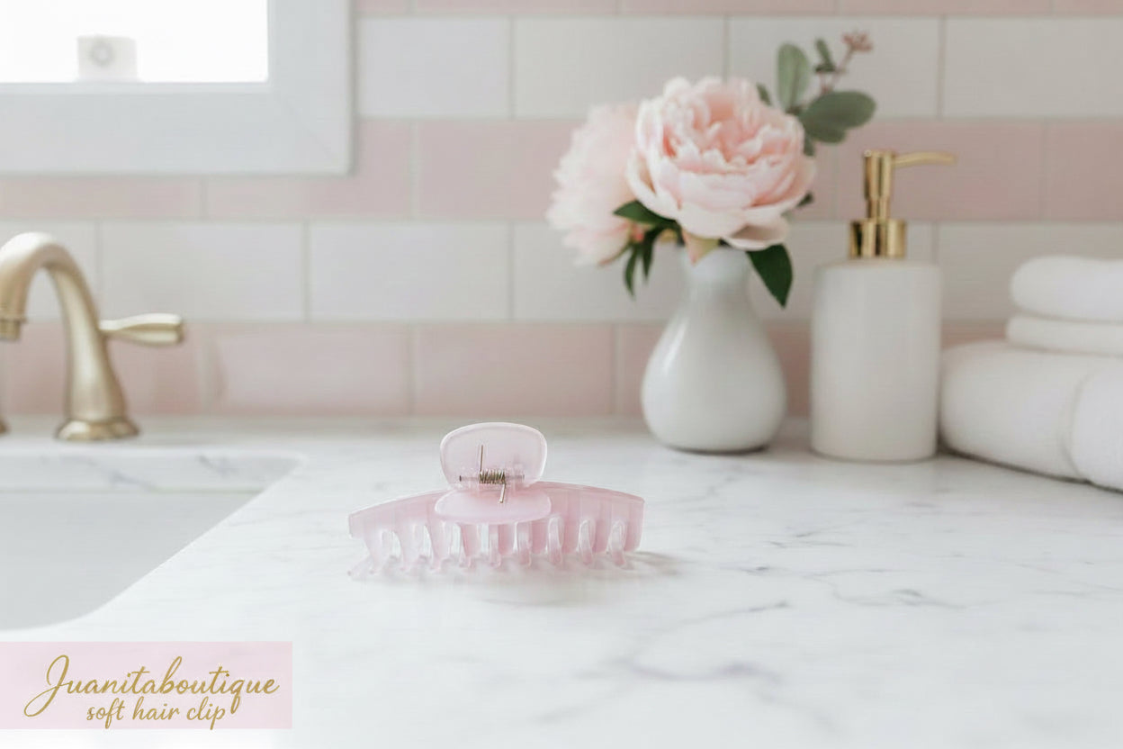 Soft pink claw clip styling shot for teens and women — Juanita Boutique"