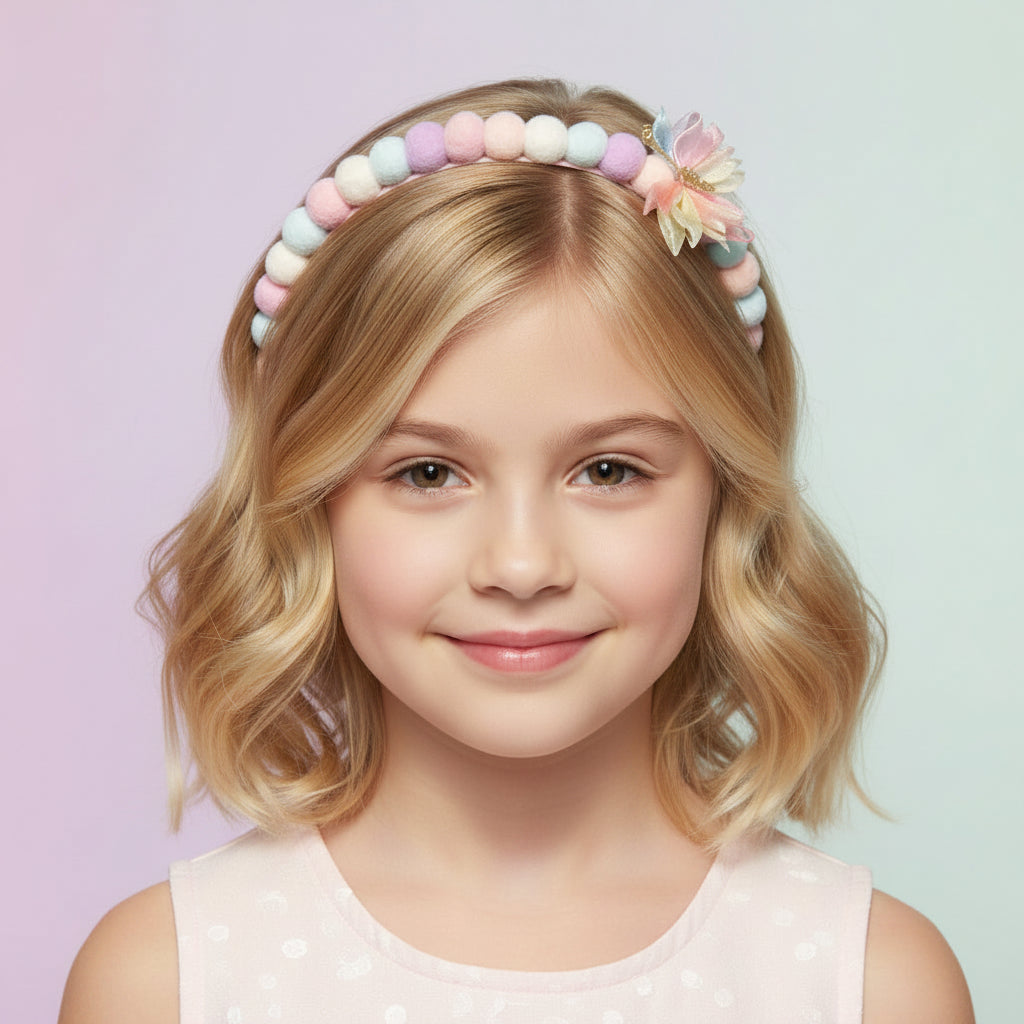 Young girl wearing pastel pom pom headband with flower detail