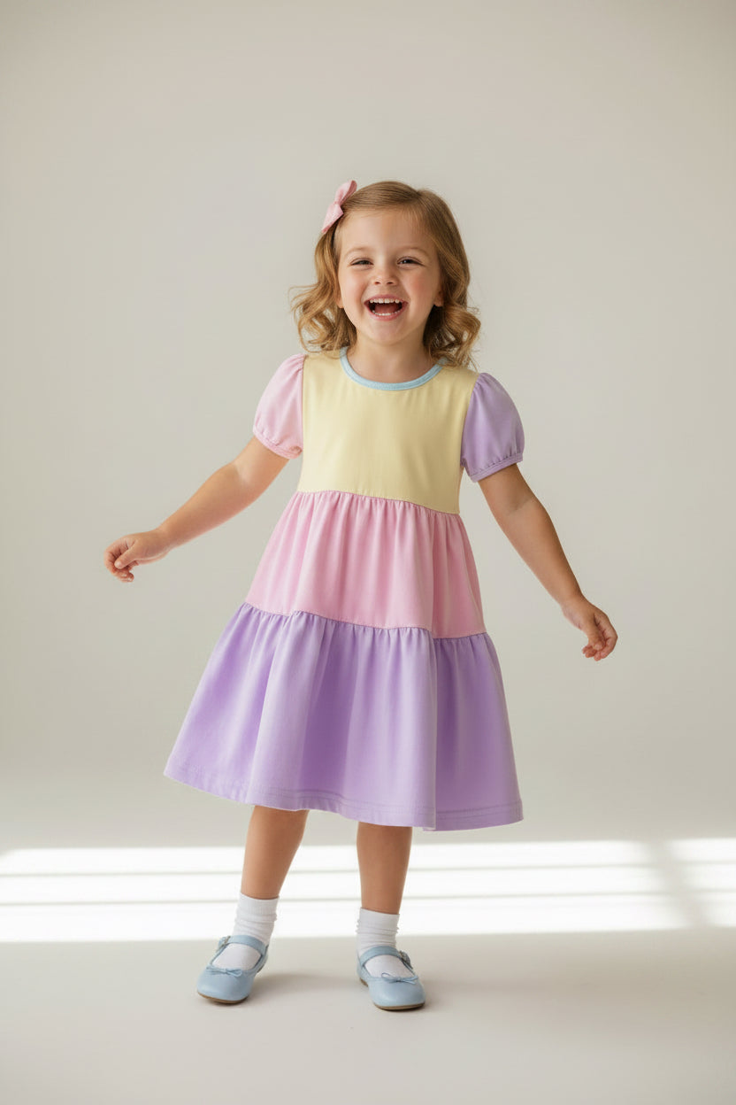 Young girl wearing a pastel color-blocked dress against a plain background