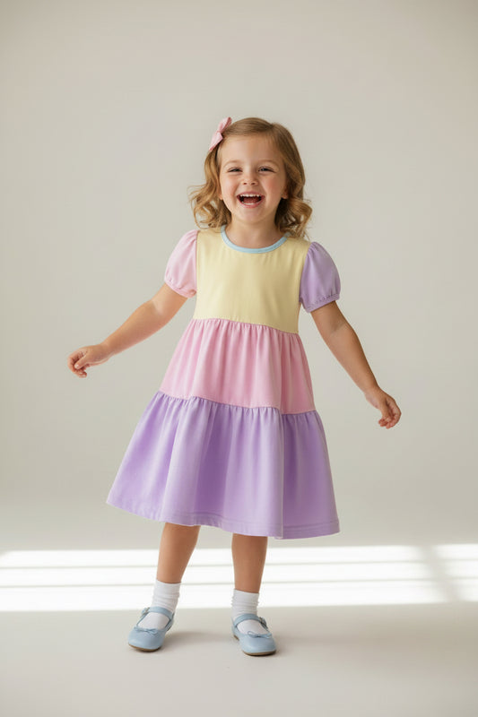 Young girl wearing a pastel color-blocked dress against a plain background
