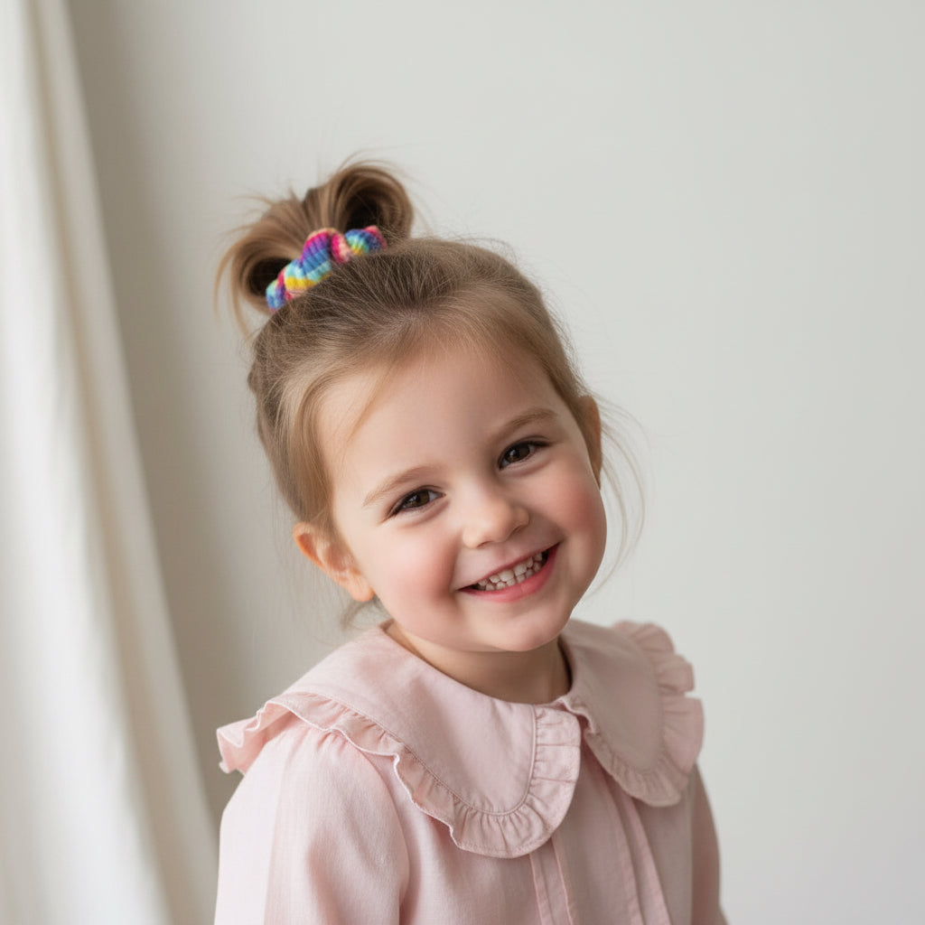 Young girl with a colorful hair tie in her bun, wearing a pink shirt against a plain background