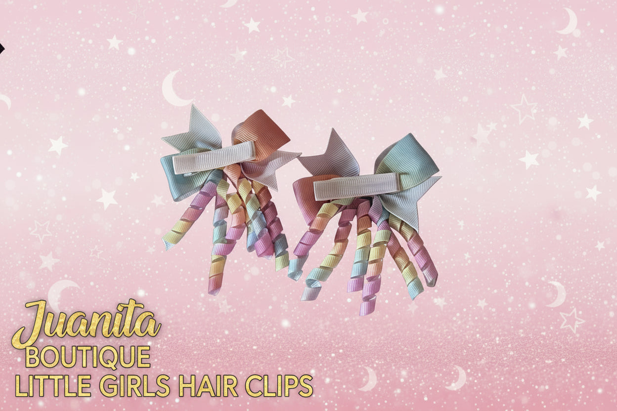 Colorful hair bows on a pink background with stars and moons