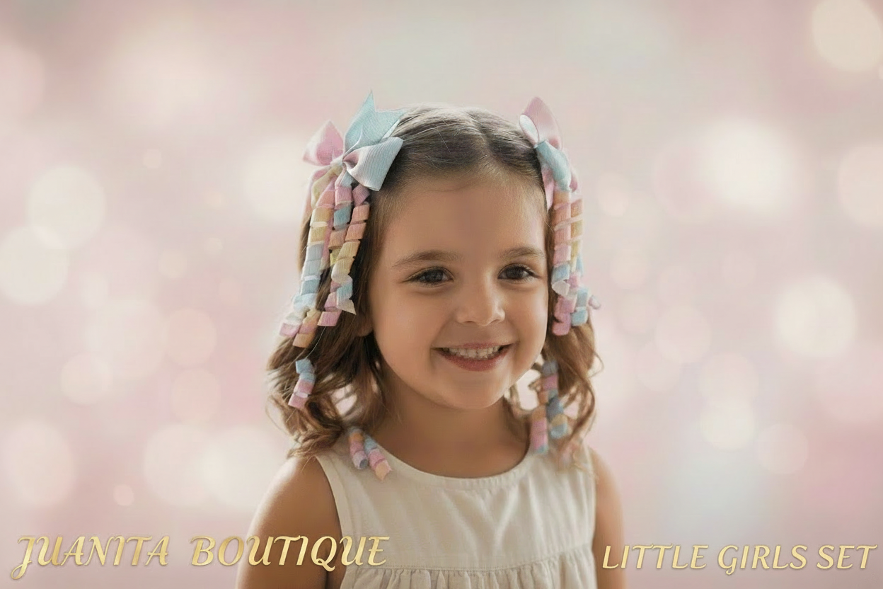 Young girl with colorful hair ties in her hair against a soft pink background