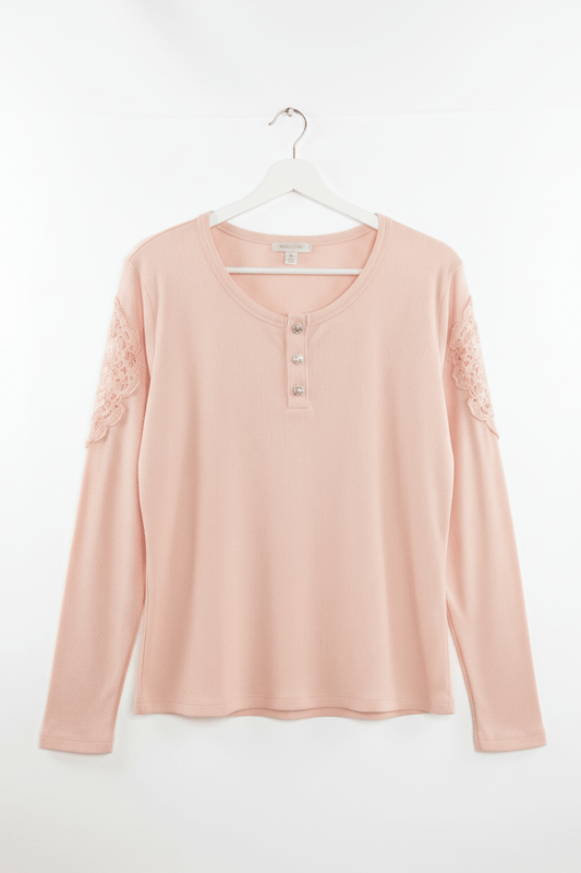 Lace Panel Long Sleeve Top - Cream - Juanita Boutique