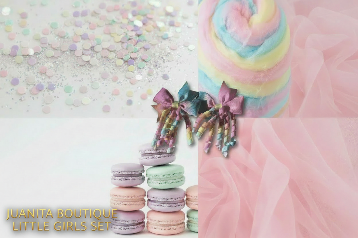 Collage of colorful macarons, decorative bows, and a rainbow cake with confetti.