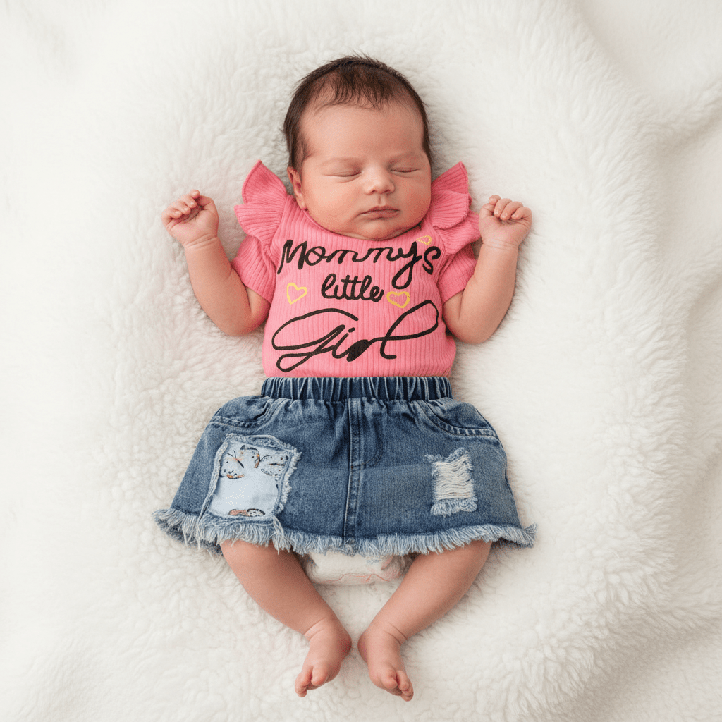 Mommy's Little Girl Baby Outfit Set – Ribbed Bodysuit & Denim Skirt - Juanita Boutique