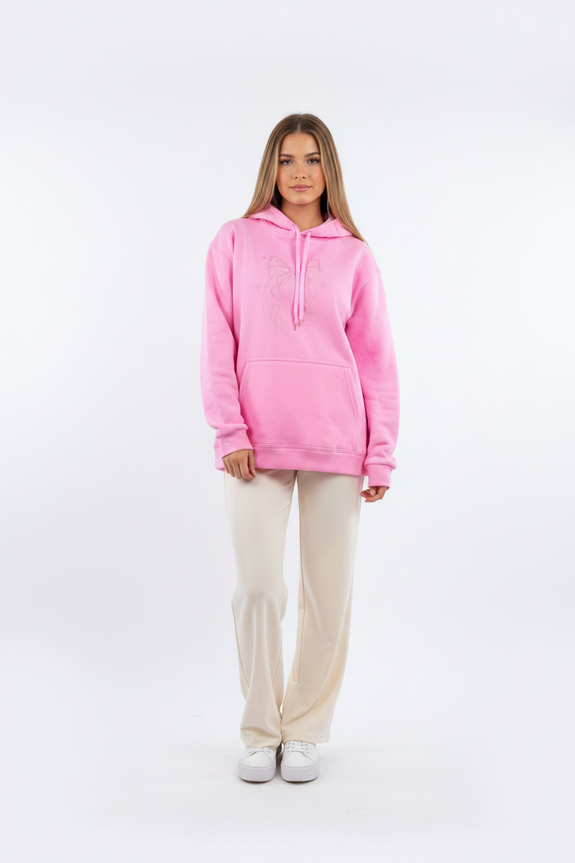 Pink Bow Hoodie Front View with Pants