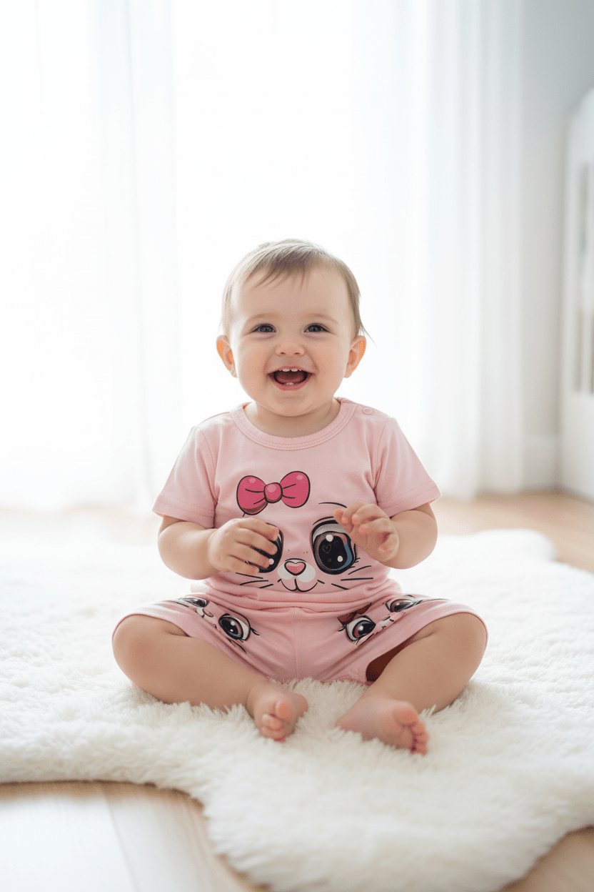 Pink Cat Face Baby Set — Top & Shorts - Juanita Boutique