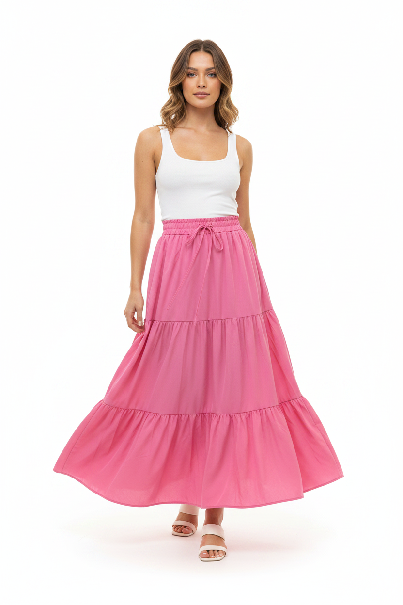 Pink Tiered Maxi Skirt on Model