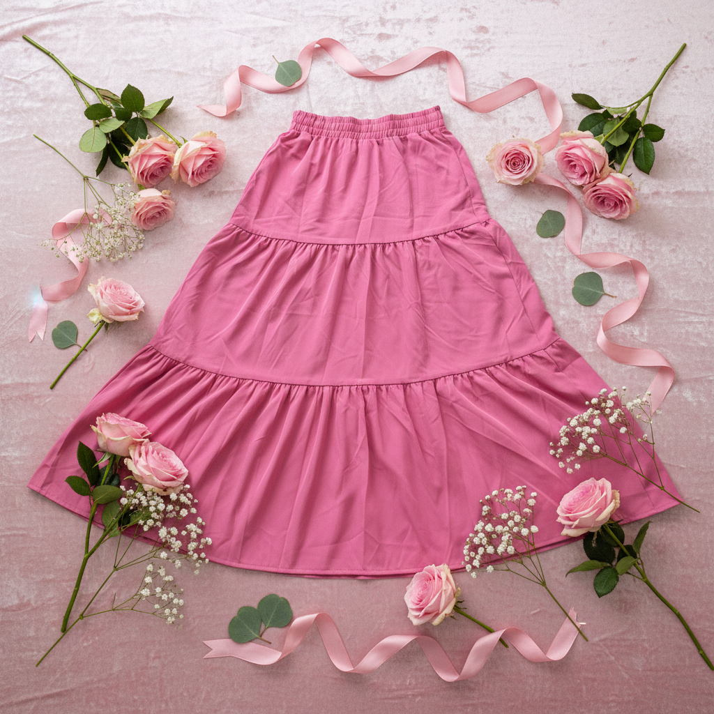 Pink Tiered Maxi Skirt Styled Flat Lay