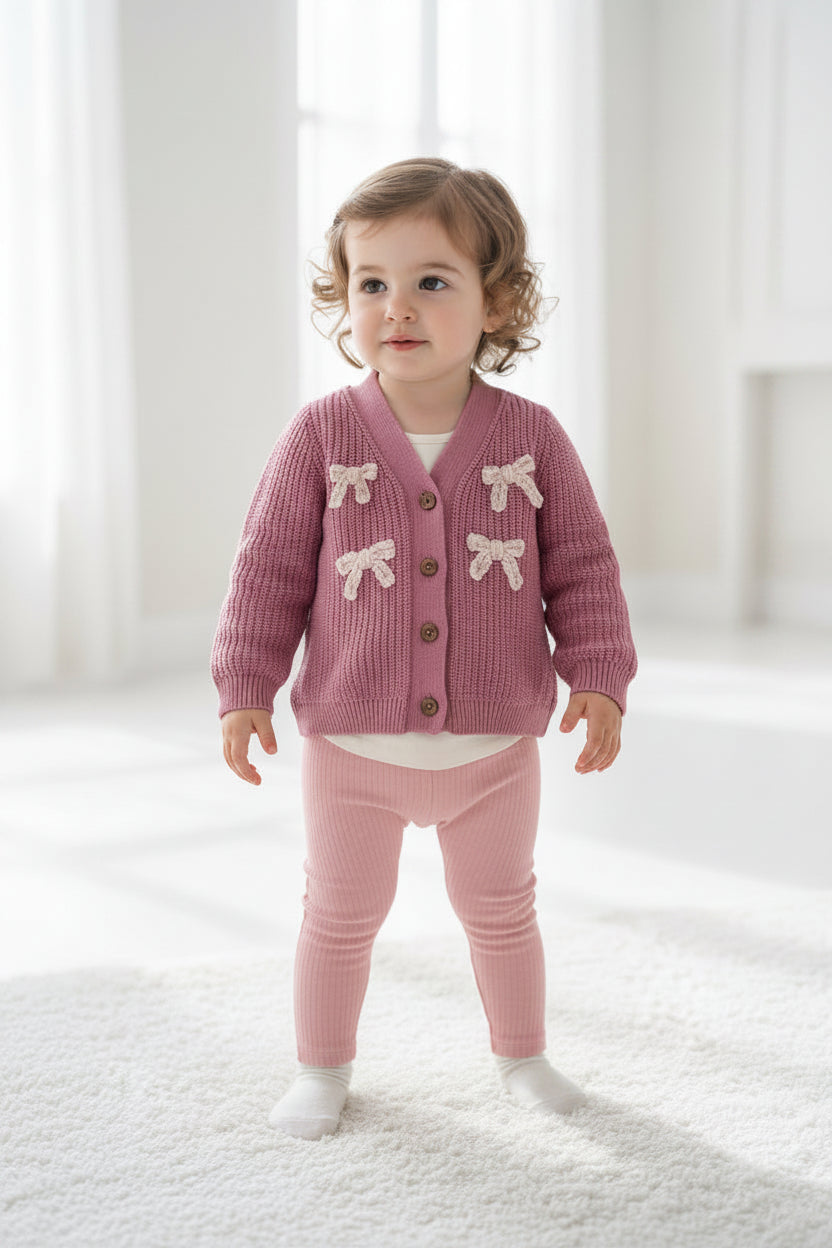 Child wearing a pink cardigan with bow details on a white background