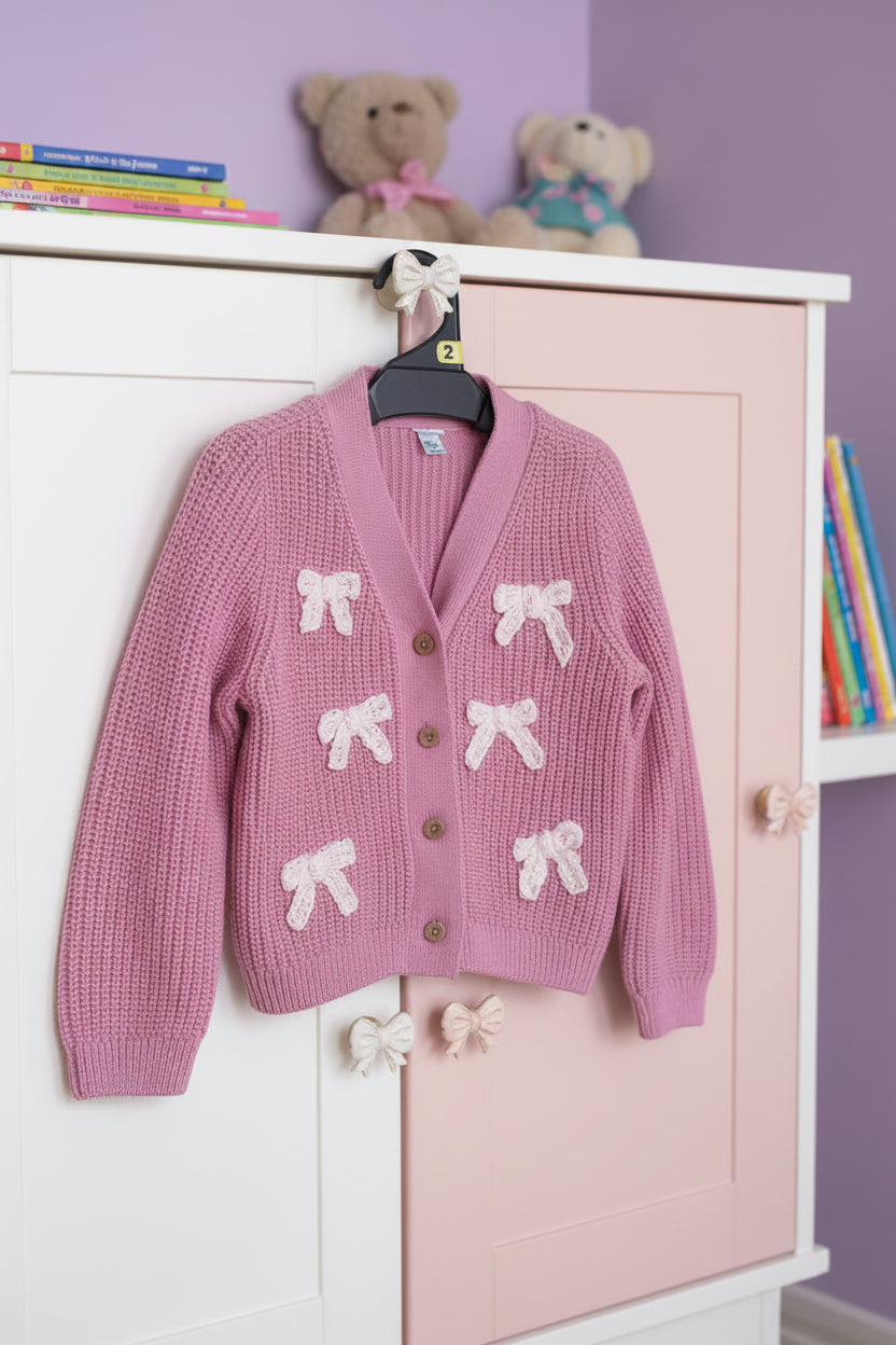 Pink cardigan with white bow patterns hanging on a wardrobe in a child's room.