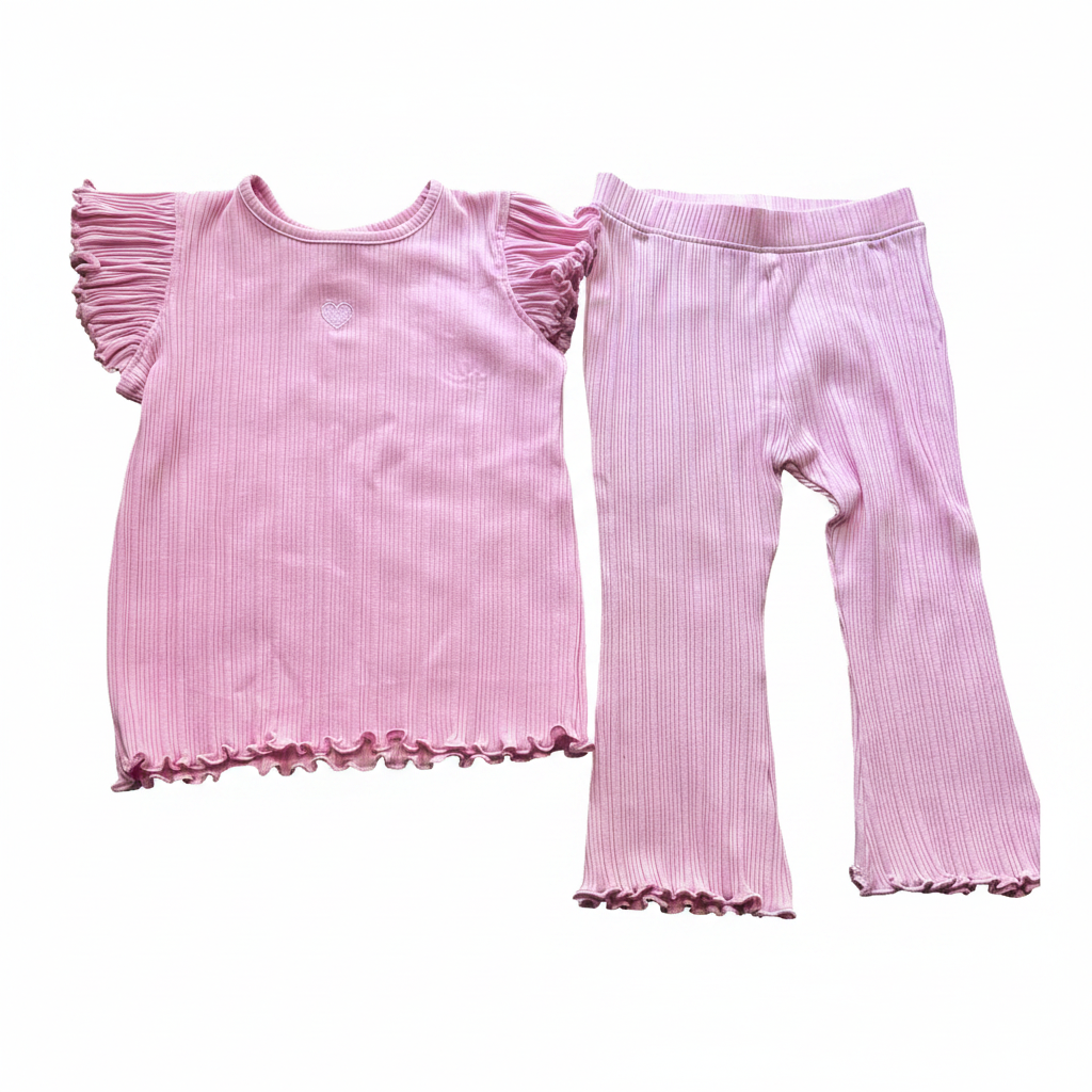 Pink ribbed top and pants set on a white background