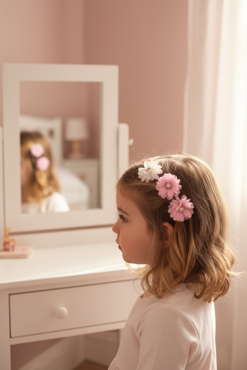 Side view - child in front of dresser with smaller fabric flower hair clips
