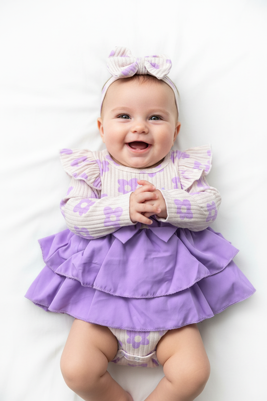 Smiling Baby Girl in Lilac Ruffle Romper