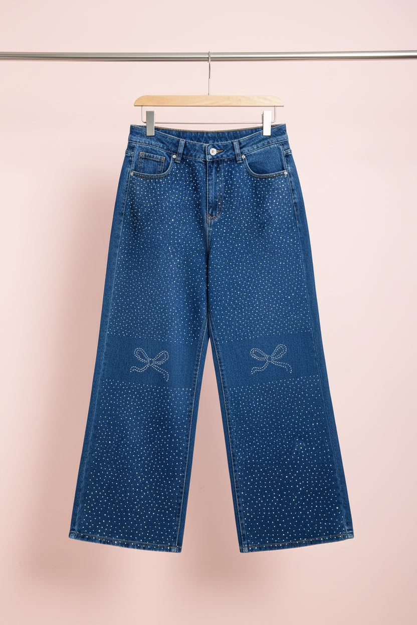 Women's Rhinestone Bow Wide-Leg Jeans - Juanita Boutique