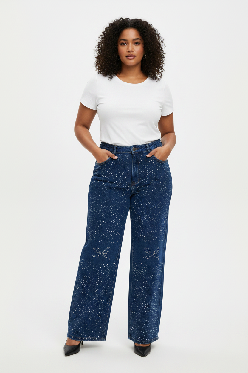 Women's model in rhinestone jeans